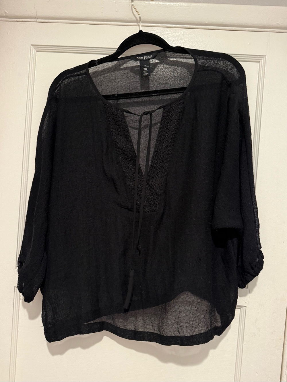 White House Black Market Black Sheer Tie-Neck Peasant Tunic
